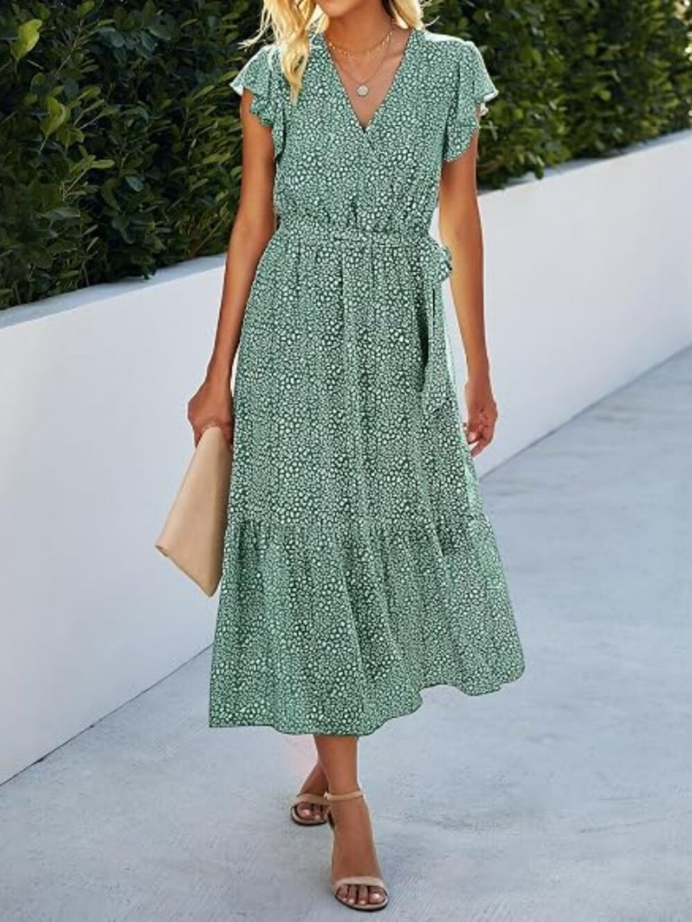 Green and White Floral Midi Dress